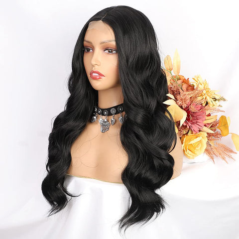 Qp hairMONIXI Synthetic Long Wavy Wig Highlight Middle Part Wig Black Wigs Natural Heat Resistant Hair for Women Daily Use Wigs