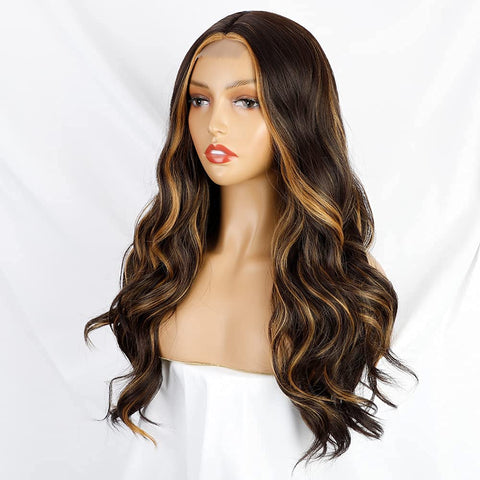 Qp hairMONIXI Synthetic Long Wavy Wig Highlight Middle Part Wig Black Wigs Natural Heat Resistant Hair for Women Daily Use Wigs