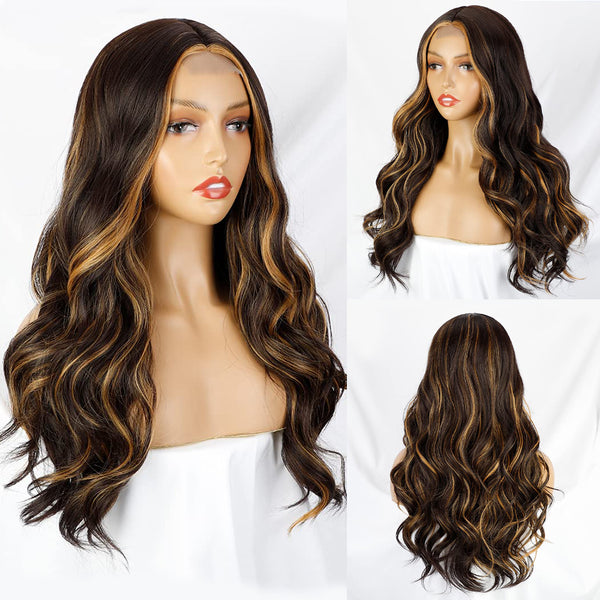 Qp hairMONIXI Synthetic Long Wavy Wig Ombre Blonde Middle Part Wigs for Women Daily Use Ombre Pink Heat Resistance Fiber Wig