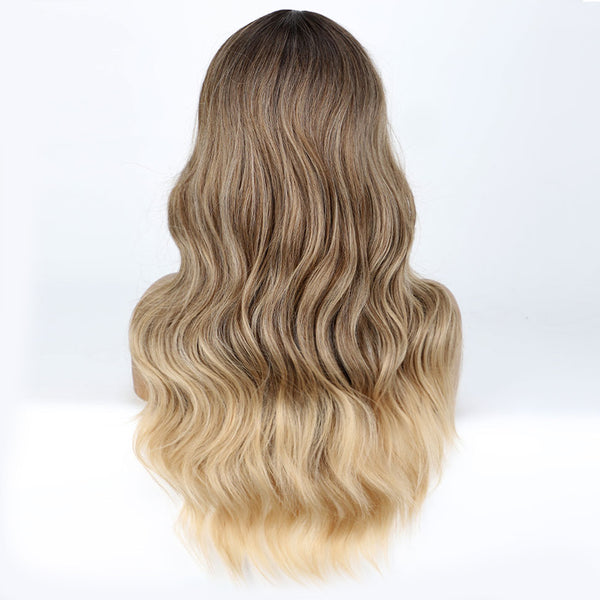 Qp hairMONIXI Synthetic Long Wavy Wig Ombre Blonde Middle Part Wigs for Women Daily Use Ombre Pink Heat Resistance Fiber Wig
