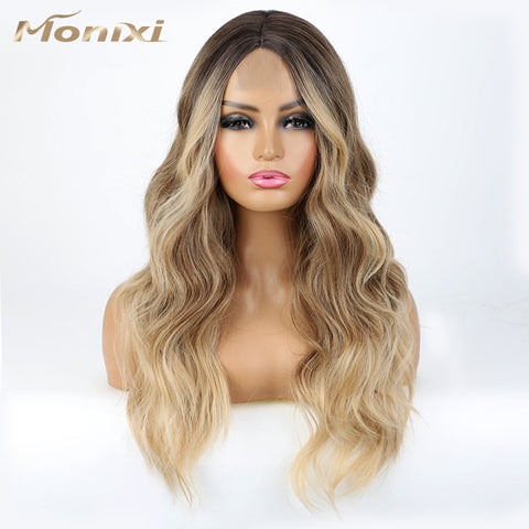 Qp hairMONIXI Synthetic Long Wavy Wig Ombre Blonde Middle Part Wigs for Women Daily Use Ombre Pink Heat Resistance Fiber Wig