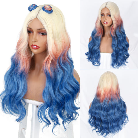 Qp hairMONIXI Synthetic Long Wavy Wig Ombre Blonde Middle Part Wigs for Women Daily Use Ombre Pink Heat Resistance Fiber Wig