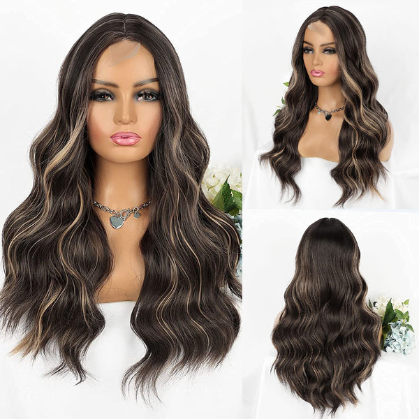 Qp hairMONIXI Synthetic Long Wavy Wig Ombre Blonde Middle Part Wigs for Women Daily Use Ombre Pink Heat Resistance Fiber Wig