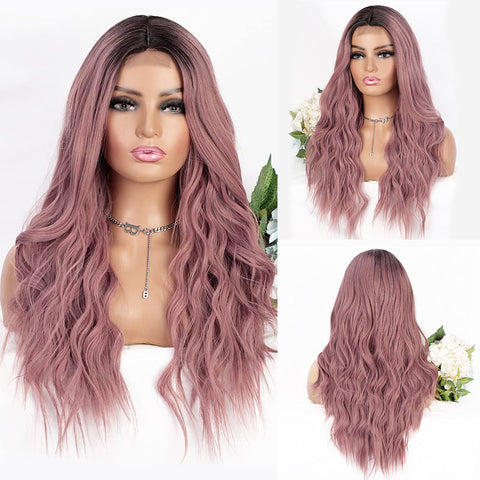 Qp hairMONIXI Synthetic Long Wavy Wig Ombre Blonde Middle Part Wigs for Women Daily Use Ombre Pink Heat Resistance Fiber Wig