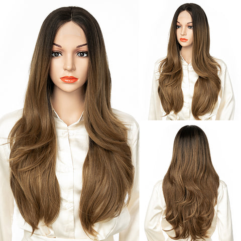 Qp hairMONIXI Synthetic Long Wavy Wig Ombre Blonde Middle Part Wigs for Women Daily Use Ombre Pink Heat Resistance Fiber Wig