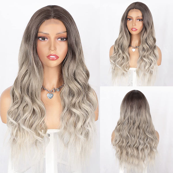 Qp hairMONIXI Synthetic Long Wavy Wig Ombre Blonde Middle Part Wigs for Women Daily Use Ombre Pink Heat Resistance Fiber Wig