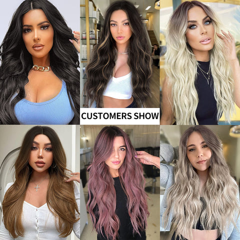 Qp hairMONIXI Synthetic Long Wavy Wig Ombre Blonde Middle Part Wigs for Women Daily Use Ombre Pink Heat Resistance Fiber Wig