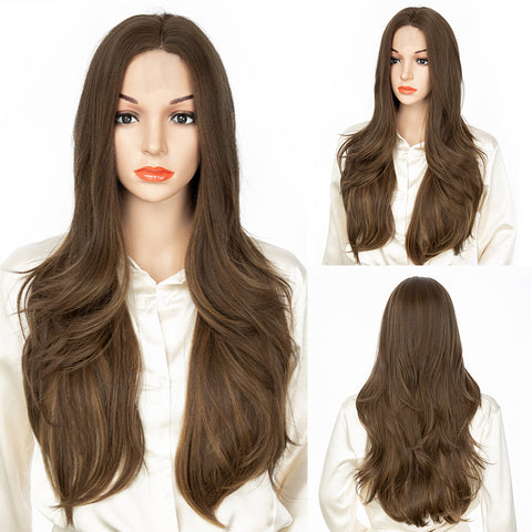 Qp hairMONIXI Synthetic Long Wavy Wig Ombre Blonde Middle Part Wigs for Women Daily Use Ombre Pink Heat Resistance Fiber Wig