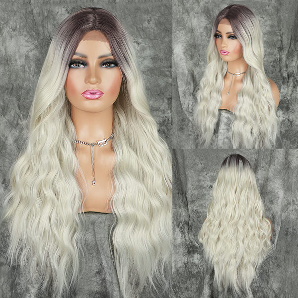 Qp hairMONIXI Synthetic Long Wavy Wig Ombre Blonde Middle Part Wigs for Women Daily Use Ombre Pink Heat Resistance Fiber Wig