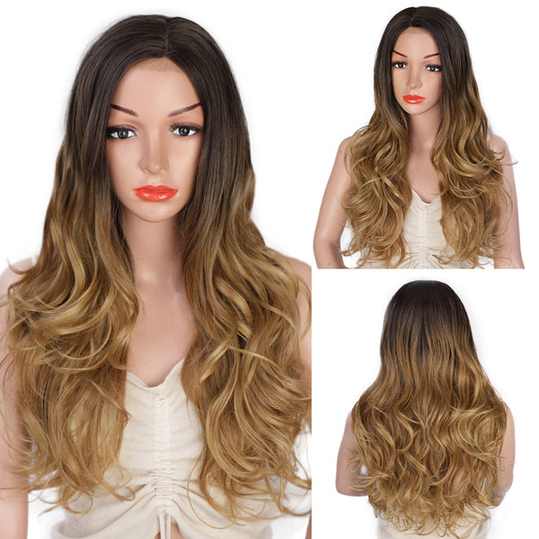 Qp hairMONIXI Synthetic Long Wavy Wig Ombre Blonde Middle Part Wigs for Women Daily Use Ombre Pink Heat Resistance Fiber Wig