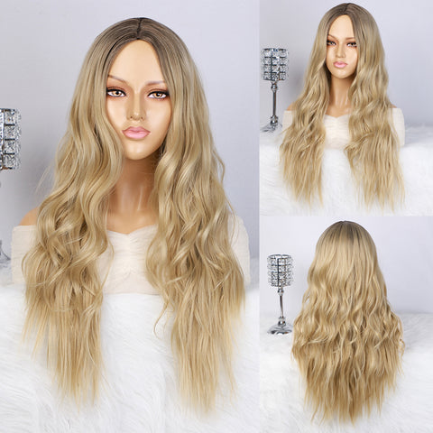 Qp hairMONIXI Synthetic Long Wavy Wig Ombre Blonde Wig With Bangs for Women Daily Use And Cosplay Platinum Heat Resistant Fiber Wigs