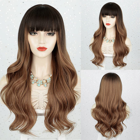 Qp hairMONIXI Synthetic Long Wavy Wig Ombre Blonde Wig With Bangs for Women Daily Use And Cosplay Platinum Heat Resistant Fiber Wigs