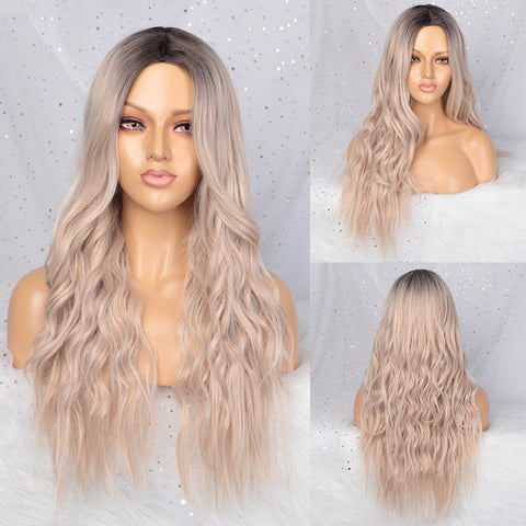 Qp hairMONIXI Synthetic Long Wavy Wig Ombre Blonde Wig With Bangs for Women Daily Use And Cosplay Platinum Heat Resistant Fiber Wigs