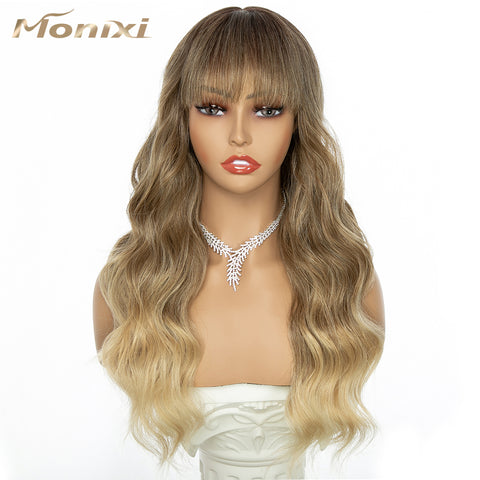 Qp hairMONIXI Synthetic Long Wavy Wig Ombre Blonde Wig With Bangs for Women Daily Use And Cosplay Platinum Heat Resistant Fiber Wigs