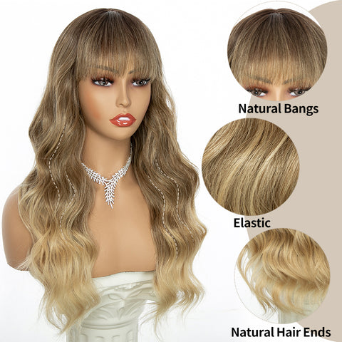 Qp hairMONIXI Synthetic Long Wavy Wig Ombre Blonde Wig With Bangs for Women Daily Use And Cosplay Platinum Heat Resistant Fiber Wigs