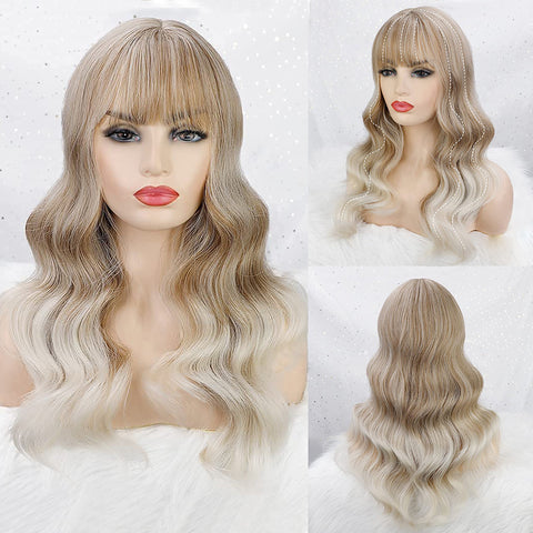 Qp hairMONIXI Synthetic Long Wavy Wig Ombre Blonde Wig With Bangs for Women Daily Use And Cosplay Platinum Heat Resistant Fiber Wigs
