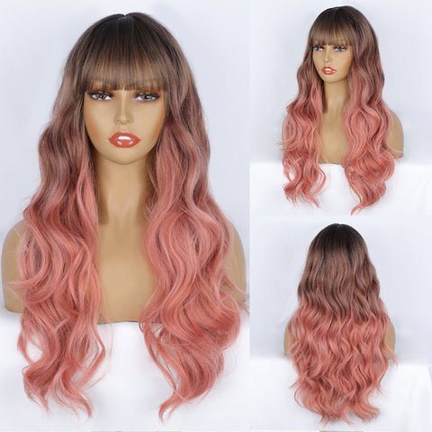 Qp hairMONIXI Synthetic Long Wavy Wig Ombre Blonde Wig With Bangs for Women Daily Use And Cosplay Platinum Heat Resistant Fiber Wigs
