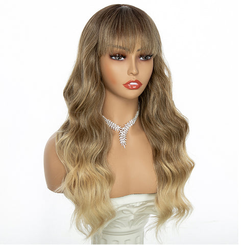 Qp hairMONIXI Synthetic Long Wavy Wig Ombre Blonde Wig With Bangs for Women Daily Use And Cosplay Platinum Heat Resistant Fiber Wigs