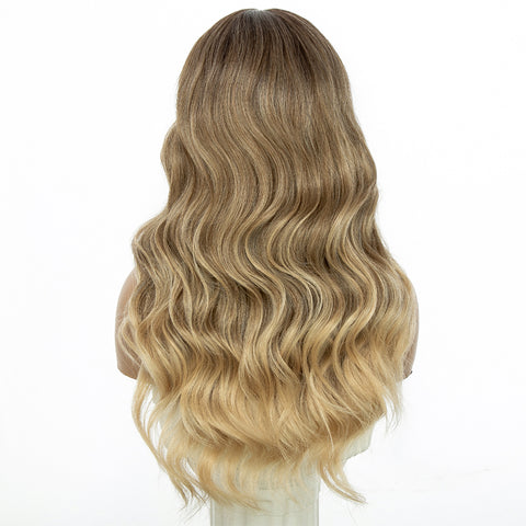 Qp hairMONIXI Synthetic Long Wavy Wig Ombre Blonde Wig With Bangs for Women Daily Use And Cosplay Platinum Heat Resistant Fiber Wigs