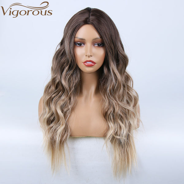 Qp hairMONIXI Synthetic Long Wavy Wig Ombre Brown Blonde For Black Women Cosplay Wig Daily Wig Natural Looking Wigs Heat Resistant