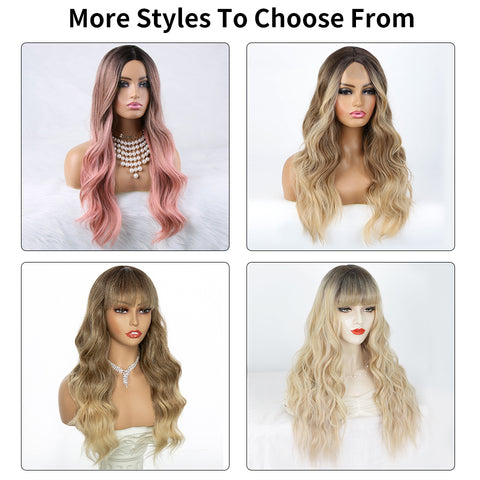 Qp hairMONIXI Synthetic Long Wavy Wig Ombre Pink Wigs Middle Part Heat Resistant Fiber for Women Daily Used And Cosplay Blonde Hair