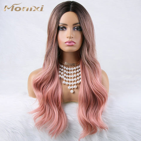 Qp hairMONIXI Synthetic Long Wavy Wig Ombre Pink Wigs Middle Part Heat Resistant Fiber for Women Daily Used And Cosplay Blonde Hair