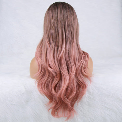 Qp hairMONIXI Synthetic Long Wavy Wig Ombre Pink Wigs Middle Part Heat Resistant Fiber for Women Daily Used And Cosplay Blonde Hair