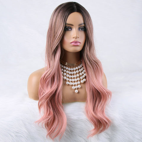 Qp hairMONIXI Synthetic Long Wavy Wig Ombre Pink Wigs Middle Part Heat Resistant Fiber for Women Daily Used And Cosplay Blonde Hair