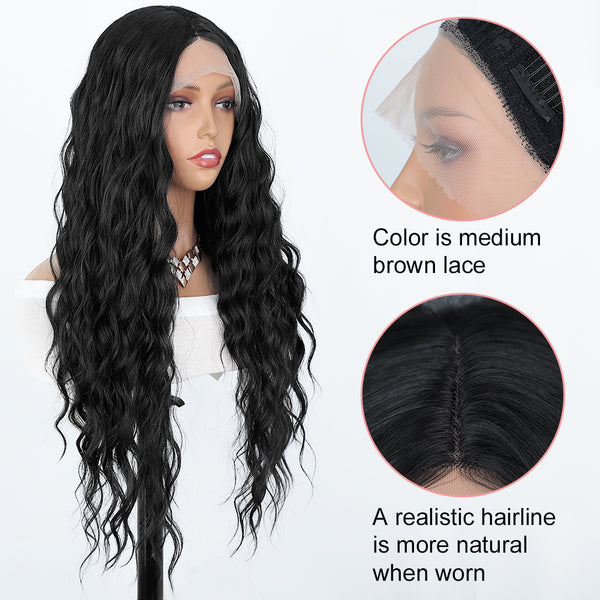 Qp hairMONIXI Synthetic Long Wavy Wig Synthetic Black Middle Part Wigs for Women Natural Heat Resistant Hair for Daily Use Wigs