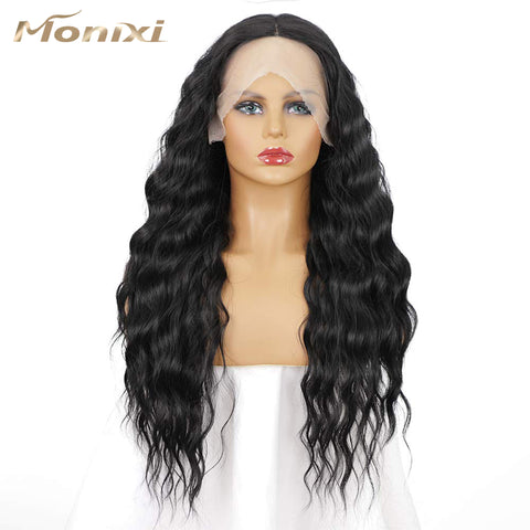 Qp hairMONIXI Synthetic Long Wavy Wig Synthetic Black Middle Part Wigs for Women Natural Heat Resistant Hair for Daily Use Wigs