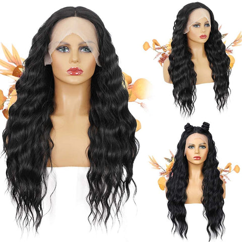 Qp hairMONIXI Synthetic Long Wavy Wig Synthetic Black Middle Part Wigs for Women Natural Heat Resistant Hair for Daily Use Wigs