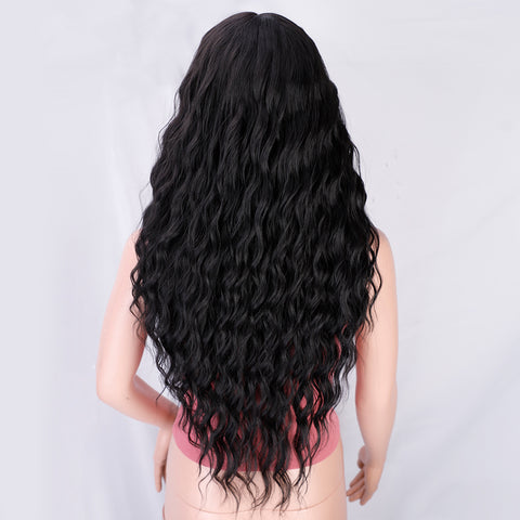 Qp hairMONIXI Synthetic Long Wavy Wig T Part Lace Front Wig Middle Part Black Wigs for Women Daily Use Heat Resistant Fiber Hair