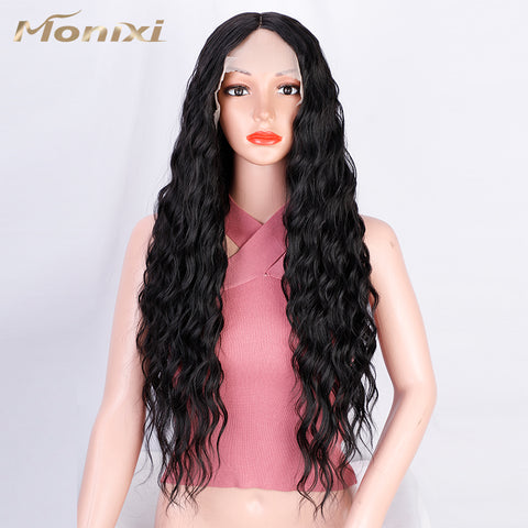 Qp hairMONIXI Synthetic Long Wavy Wig T Part Lace Front Wig Middle Part Black Wigs for Women Daily Use Heat Resistant Fiber Hair