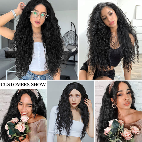 Qp hairMONIXI Synthetic Long Wavy Wig T Part Lace Front Wig Middle Part Black Wigs for Women Daily Use Heat Resistant Fiber Hair