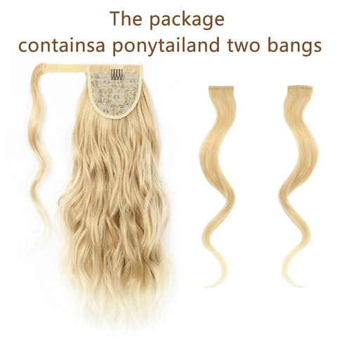 Qp hairMONIXI Synthetic Long Wavy Wrap Around Ponytail Extension 20 Inch with Front Side Bangs for Women Daily Use