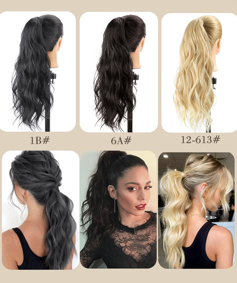 Qp hairMONIXI Synthetic Long Wavy Wrap Around Ponytail Extension 20 Inch with Front Side Bangs for Women Daily Use