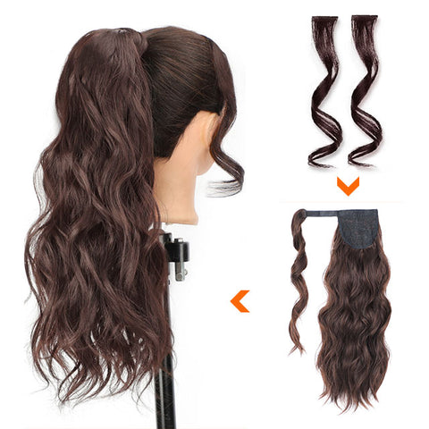 Qp hairMONIXI Synthetic Long Wavy Wrap Around Ponytail Extension 20 Inch with Front Side Bangs for Women Daily Use