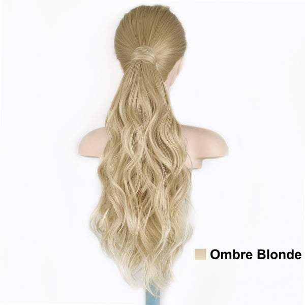 Qp hairMONIXI Synthetic Low Ponytail Long Wavy Wrap Around Ponytail Hair Extensions for Women Mix Blonde Natural Heat Resistant Hair