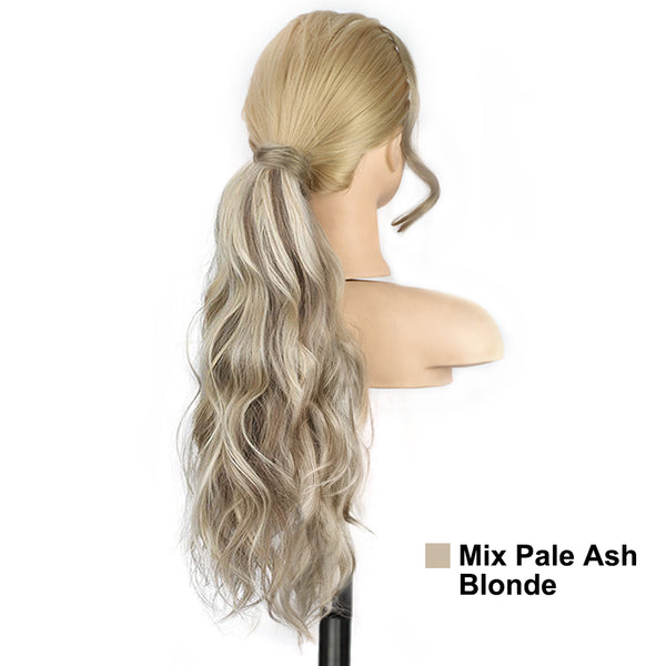 Qp hairMONIXI Synthetic Low Ponytail Long Wavy Wrap Around Ponytail Hair Extensions for Women Mix Blonde Natural Heat Resistant Hair