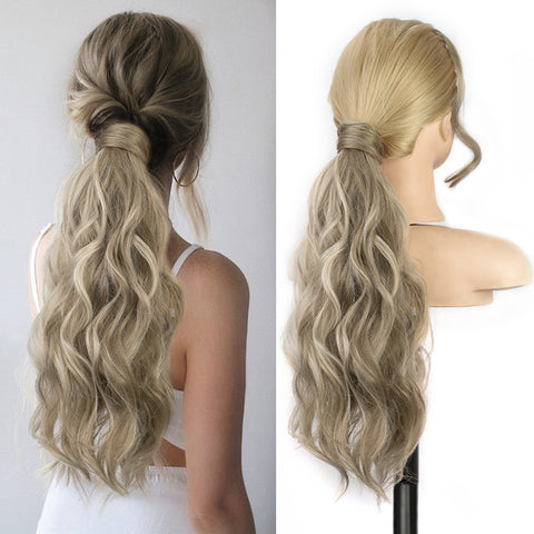 Qp hairMONIXI Synthetic Low Ponytail Long Wavy Wrap Around Ponytail Hair Extensions for Women Mix Blonde Natural Heat Resistant Hair
