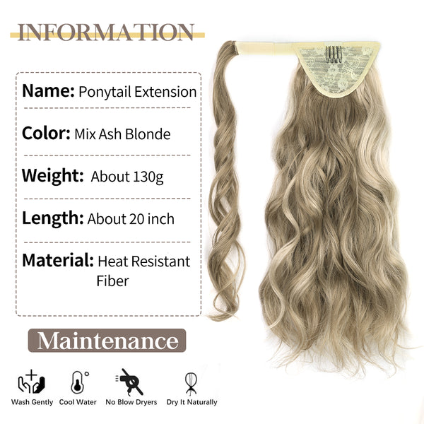Qp hairMONIXI Synthetic Low Ponytail Long Wavy Wrap Around Ponytail Hair Extensions for Women Mix Blonde Natural Heat Resistant Hair