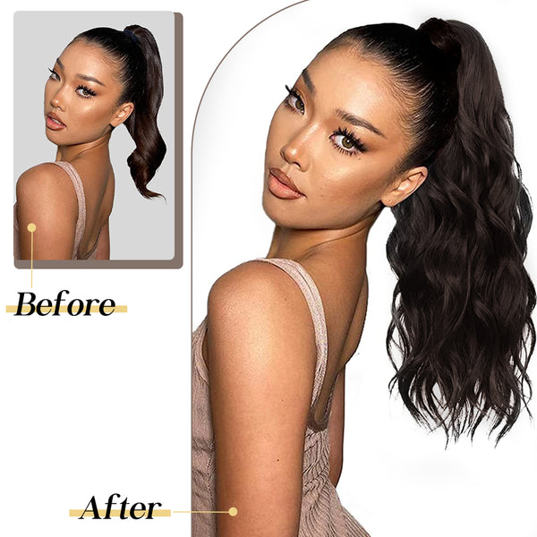Qp hairMONIXI Synthetic Low Ponytail Long Wavy Wrap Around Ponytail Hair Extensions for Women Mix Blonde Natural Heat Resistant Hair