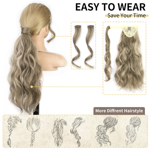 Qp hairMONIXI Synthetic Low Ponytail Long Wavy Wrap Around Ponytail Hair Extensions for Women Mix Blonde Natural Heat Resistant Hair