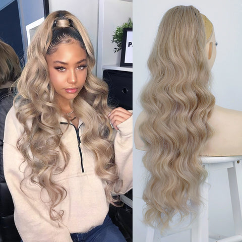 Qp hairMONIXI Synthetic Mix Brown Ponytail Extensions Long Body Wavy Drawstring Ponytail for Women Blonde Fake Hair Natural Looking