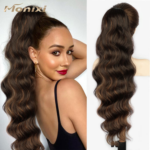 Qp hairMONIXI Synthetic Mix Brown Ponytail Extensions Long Body Wavy Drawstring Ponytail for Women Blonde Fake Hair Natural Looking