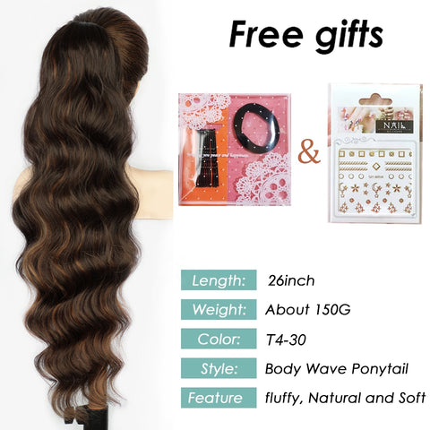 Qp hairMONIXI Synthetic Mix Brown Ponytail Extensions Long Body Wavy Drawstring Ponytail for Women Blonde Fake Hair Natural Looking