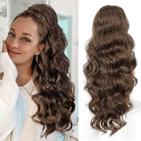 Qp hairMONIXI Synthetic Mix Brown Ponytail Extensions Long Body Wavy Drawstring Ponytail for Women Blonde Fake Hair Natural Looking