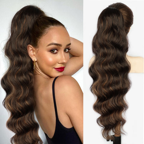 Qp hairMONIXI Synthetic Mix Brown Ponytail Extensions Long Body Wavy Drawstring Ponytail for Women Blonde Fake Hair Natural Looking