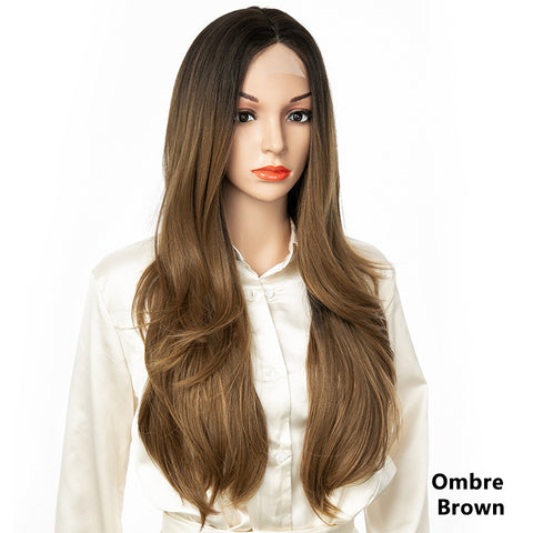 Qp hairMONIXI Synthetic Natural Layered Wig Long Wavy Wig for Women Black Brown Middle Part Wigs for Daily Party Heat Resistant Hair