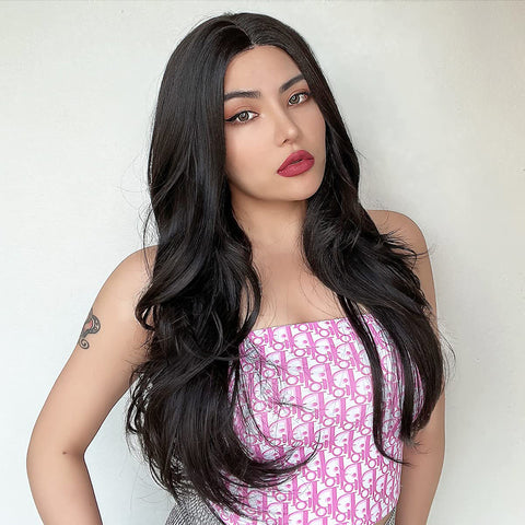 Qp hairMONIXI Synthetic Natural Layered Wig Long Wavy Wig for Women Black Brown Middle Part Wigs for Daily Party Heat Resistant Hair